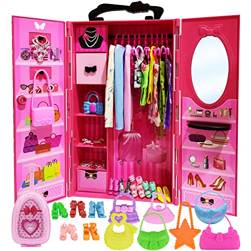 ZITA ELEMENT 51 PCS Armario para 11,5 Pulgadas Muñecas = 1 Armario + 2 Ropa Casual + 2 Trajes de Baño + 2 Vestidos + 3 Mini Vestidos + 10 Collares + 10 Zapatos + 10 Bolsos Perchas