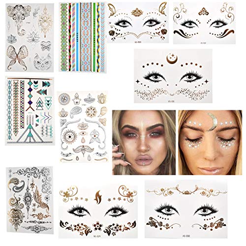 Zliger 10 Piezas Tatuajes De MetáLicas,Temporales Pegatinas Flash La Cara Dorados Festival Adhesivos Metalicos Impermeable Gem Diamantes Stickers para Fiestas Make Up Maquillaje Mujeres Niños
