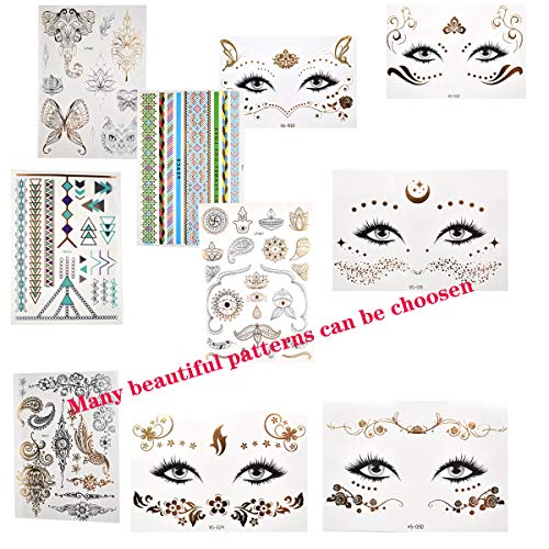 Zliger 10 Piezas Tatuajes De MetáLicas,Temporales Pegatinas Flash La Cara Dorados Festival Adhesivos Metalicos Impermeable Gem Diamantes Stickers para Fiestas Make Up Maquillaje Mujeres Niños