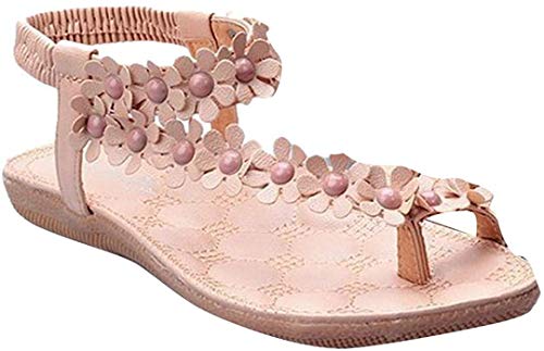 ZODOF Sandalias de Verano para Mujer Peep-Toe Zapatos Bajos Sandalias Romanas Chanclas de Damas Plano Talla Grande Bohemia Dulce con Cuentas Sandalias Casuales Zapatos de Playa