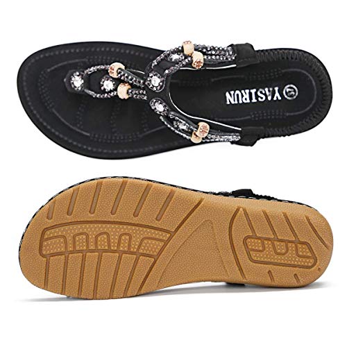 ZOEREA Sandalias Planas para Mujer Verano Bohemia Moda Comodidad Elegante Correa Tobillo Elástica Chanclas Punta Abierta Damas Zapatos Casuales C-Negro,36