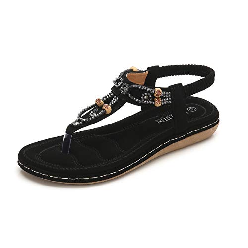 ZOEREA Sandalias Planas para Mujer Verano Bohemia Moda Comodidad Elegante Correa Tobillo Elástica Chanclas Punta Abierta Damas Zapatos Casuales C-Negro,36
