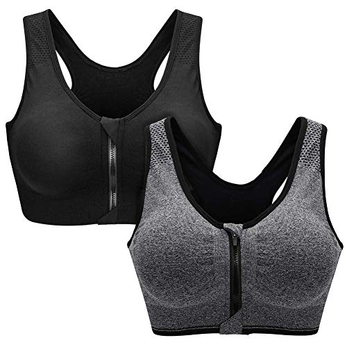 ZOEREA Sujetador Cierre Delantero Deportivo para Mujer Gimnasio Ropa con Almohadillas Extraíbles para Correr Sin Costuras Yoga Fitness (M, Negro + Gris#1)