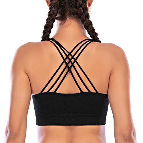 ZOEREA Sujetador Deportivo Mujer Espalda Cruzada Sujetadores Yoga Elástico Alto con Relleno Extraíble Medio Impacto Deportivos Sostén Negro, S