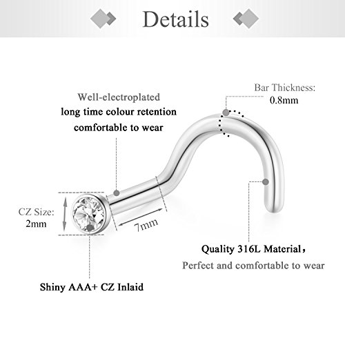 Zolure 20G Piercing Nariz Anillo Plata Oro Blanco Nariz Anillos de aro Clavos de Nariz Clara Tornillos de Nariz Anillo de Nariz de Acero quirúrgico Tabique Cartílago Tragus Piercing