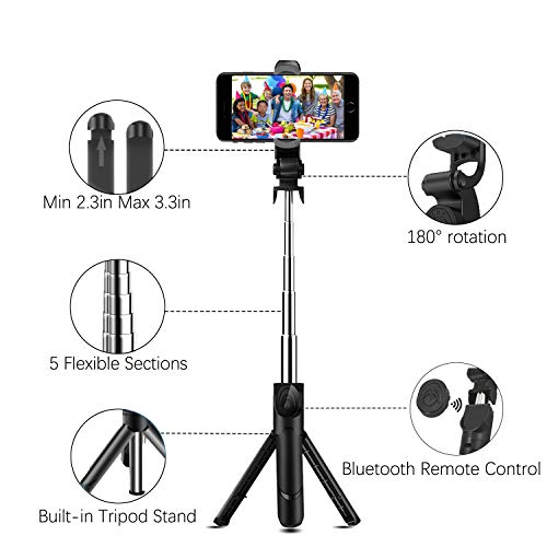 Zommuei Palo Selfie Trípode, Selfie Stick Bluetooth 3 en 1 Mini Tripode Movil con Obturador Bluetooth Rotación de 360° para iPhone 8/8 Plus / 7 / 6s /, Huawei P20 / P10, Galaxy S10 / S9 / 8/7 / 6. etc