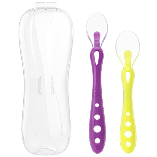 Zooawa Set de Cuchara para Bebe, 2 Piezas Cucharillas de Silicona para Bebé Mayores que 4 Meces, Cucharas de Alimentación de la Primera Etapa para Bebé, Cubierta Cuchillería Bebés, Rojo & Amarrillo