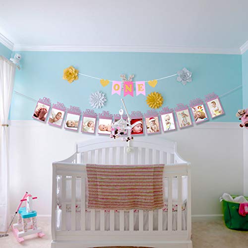 ZoomSky Marco de Fotos guirlada Fotos Papel para Colgar Bebe recién Foto Decora Fiesta de Primer cumpleaños de niño Regalo un One Bandera, 20 Pegamento Redondo Punto, un Hilo, una Aguja (Rosa)