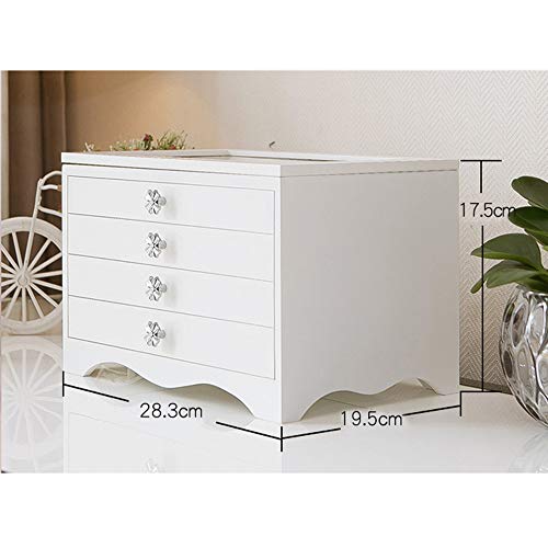 ZR&YW Joyero De Madera con Espejo Armario Organizador, 4 Cajones para Anillos Pendientes Collares Pernos Prisioneros del Oído,Blanco