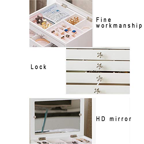 ZR&YW Joyero De Madera con Espejo Armario Organizador, 4 Cajones para Anillos Pendientes Collares Pernos Prisioneros del Oído,Blanco