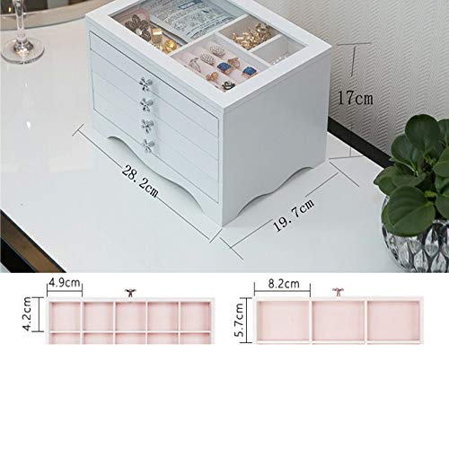 ZR&YW Joyero De Madera con Espejo Armario Organizador, 4 Cajones para Anillos Pendientes Collares Pernos Prisioneros del Oído,Blanco
