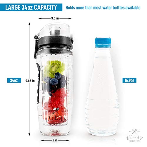 Zulay Kitchen Botella de Agua con la Fruta Sana infusor de hidratación y Delicioso - unión Superior de la Tapa, Antideslizante y Libre de bpa, con infusor, Aislamiento de la Manga, la Receta de Libro
