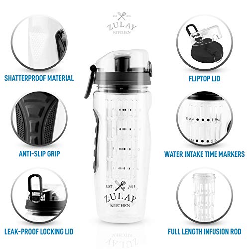 Zulay Kitchen Botella de Agua con la Fruta Sana infusor de hidratación y Delicioso - unión Superior de la Tapa, Antideslizante y Libre de bpa, con infusor, Aislamiento de la Manga, la Receta de Libro