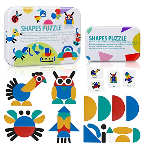 ZWOOS Tangram Madera, Formas y Colores Puzzles de Madera 36 Montessori Puzzle de Madera + 60 PCS Diseño Tarjetas de Apilamientos Juegos y Juguetes Educativos Clasificación de la Infancia