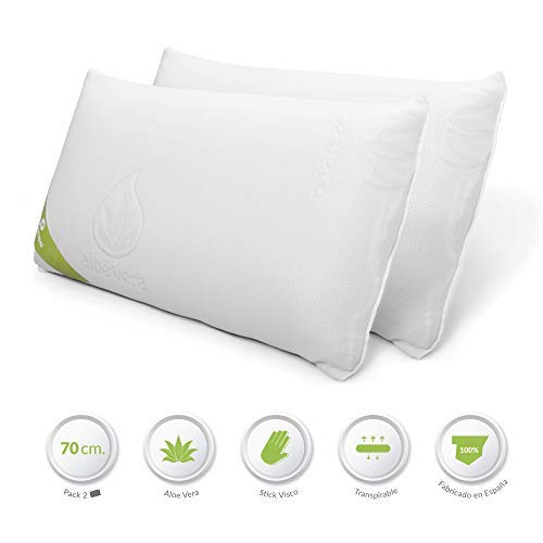 ZZ DON DESCANSO Pack 2 Almohadas Aloe Vera con Copos Viscoelástica, 70cm, Firmeza Media, Ergonómicas, Adaptables a Cabeza y Cuello, Transpirables, Tejido Strech. Fabricadas en España.