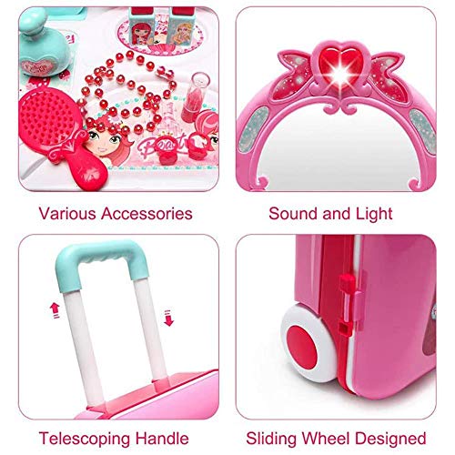 ZZAZXB Centro de Belleza Set, 3 en 1 Mesita Tocador Plegable en Maleta Convertible Maletín de Juegos con Accesorios, Luces, Sonidos, Perfecto para Regalo de Cumpleaños para Niñas