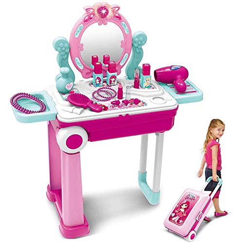 ZZAZXB Centro de Belleza Set, 3 en 1 Mesita Tocador Plegable en Maleta Convertible Maletín de Juegos con Accesorios, Luces, Sonidos, Perfecto para Regalo de Cumpleaños para Niñas