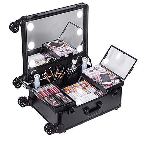 ZZSQ 4 en 1 Peluquería Maquillaje Vanity Case Gran Pantalla Completa Espejo Iluminado Mesa de Tren portátil Estuche Estación de Maquillaje Vanity Cosmetic Trolley,Negro