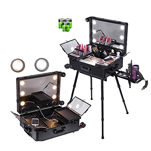 ZZSQ 4 en 1 Peluquería Maquillaje Vanity Case Gran Pantalla Completa Espejo Iluminado Mesa de Tren portátil Estuche Estación de Maquillaje Vanity Cosmetic Trolley,Negro