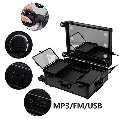 ZZSQ 4 en 1 Peluquería Maquillaje Vanity Case Gran Pantalla Completa Espejo Iluminado Mesa de Tren portátil Estuche Estación de Maquillaje Vanity Cosmetic Trolley,Negro