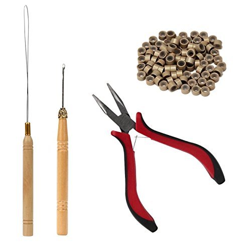 1 botella/200pcs Micro enlaces/Beads + 1pcs tirar aguja + 1pc 3 agujeros extensiones de cabello Alicates Tool Kit