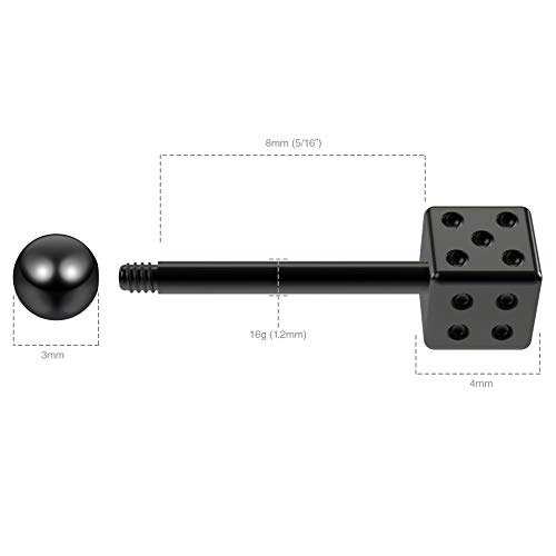 1 Piezas 1.2mm 16g Negro Dados Acero Quirúrgico Anodizado Barbell Piercing Bar Pezón Pezón Recto Stud 8mm