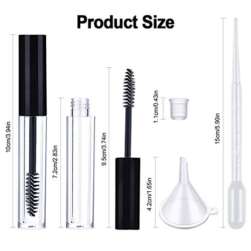 10 pcs Tubo de rímel de plástico vacío con varita de pestañas, Botella de envase de crema de pestañas conjuntos con 10 insertos de goma y 4 embudos Para el crecimiento de pestañas （dorado）