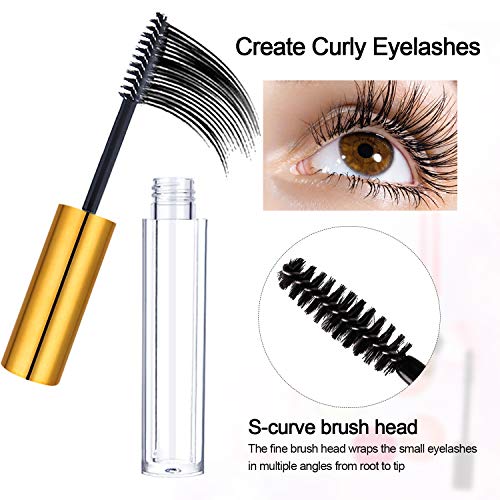 10 pcs Tubo de rímel de plástico vacío con varita de pestañas, Botella de envase de crema de pestañas conjuntos con 10 insertos de goma y 4 embudos Para el crecimiento de pestañas （dorado）