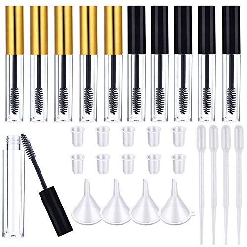 10 pcs Tubo de rímel de plástico vacío con varita de pestañas, Botella de envase de crema de pestañas conjuntos con 10 insertos de goma y 4 embudos Para el crecimiento de pestañas （dorado）