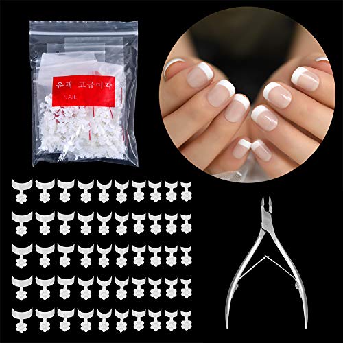 1000 Piezas Puntas de uñas blancas francesas,Uñas de manicura en forma de media luna,Uñas blancas de flor de ciruelo, 10 tamaños de puntas de uñas falsas acrílicas estilo corto francés con 1 tijera