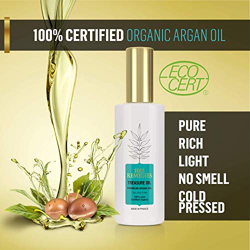 1001 Remedies Aceite de Argan Puro 100% Rico en Vitamina E Natural - Aceite de Argan Certificado Orgánico hidratante para el Pelo, Piel, Cuticulas Secas y Anti Estrias - Vegano y Prensado frío
