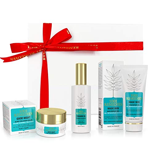 1001 Remedies Set de Belleza - Regalos Originales para Mujer con Gel Aloe Vera para el Acne, Crema Corporal Anti Estrés y Aceite de Argan en Caja Regalo