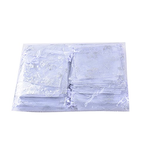 100pcs Bolsas Bolsitas Organza Blancas Mariposas 9x12 cm Saquitos Arroz Regalo Joyas Caramelo Dulces Recuerdo Favores Detalles para Boda Fiesta Navidad Bautizo con Cintas