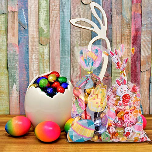 100pcs Bolsas de Celofan Pascua de Resurrección, Bolsas para Chuches Transparente Bolsitas de Regalos de Dulces con 100pcs Lazos de Torsión para Confeti de Aperitivos Dulces Galletas, Rábano y Conejo