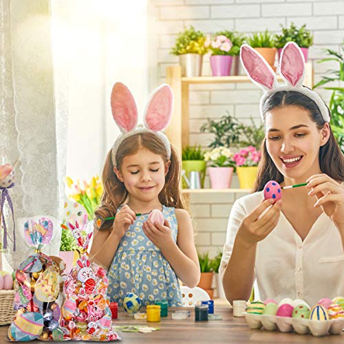100pcs Bolsas de Celofan Pascua de Resurrección, Bolsas para Chuches Transparente Bolsitas de Regalos de Dulces con 100pcs Lazos de Torsión para Confeti de Aperitivos Dulces Galletas, Rábano y Conejo