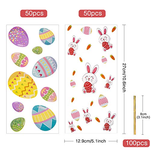 100pcs Bolsas de Celofan Pascua de Resurrección, Bolsas para Chuches Transparente Bolsitas de Regalos de Dulces con 100pcs Lazos de Torsión para Confeti de Aperitivos Dulces Galletas, Rábano y Conejo