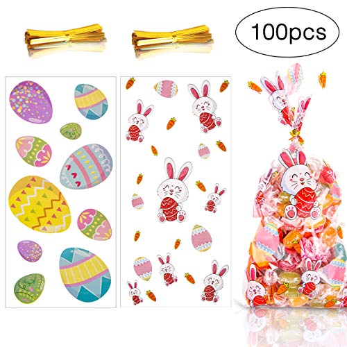 100pcs Bolsas de Celofan Pascua de Resurrección, Bolsas para Chuches Transparente Bolsitas de Regalos de Dulces con 100pcs Lazos de Torsión para Confeti de Aperitivos Dulces Galletas, Rábano y Conejo