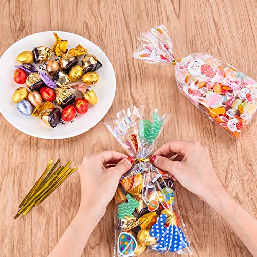 100pcs Bolsas de Celofan Pascua de Resurrección, Bolsas para Chuches Transparente Bolsitas de Regalos de Dulces con 100pcs Lazos de Torsión para Confeti de Aperitivos Dulces Galletas, Rábano y Conejo