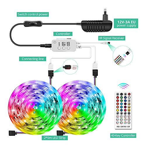 10M Tiras LED RGB 5050,COOLAPA 300 LEDs Tira LED de Luces Kit con Control Remoto IR de 40 Teclas, Adaptador de Alimentación 12V 3A,Luces Decorativas Habitacion,Decoración de Casa,Jardín, Fiesta