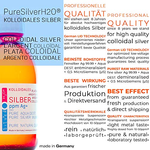 1100ml Plata coloidal PureSilverH2O / 2 x Botellas (cada 500ml/50ppm) Plata coloidal + Spray (100ml/50ppm) - 99,99% de plata pura - la mejor calidad - Made in Germany