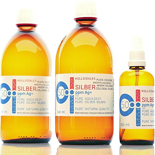 1100ml Plata coloidal PureSilverH2O / 2 x Botellas (cada 500ml/50ppm) Plata coloidal + Spray (100ml/50ppm) - 99,99% de plata pura - la mejor calidad - Made in Germany