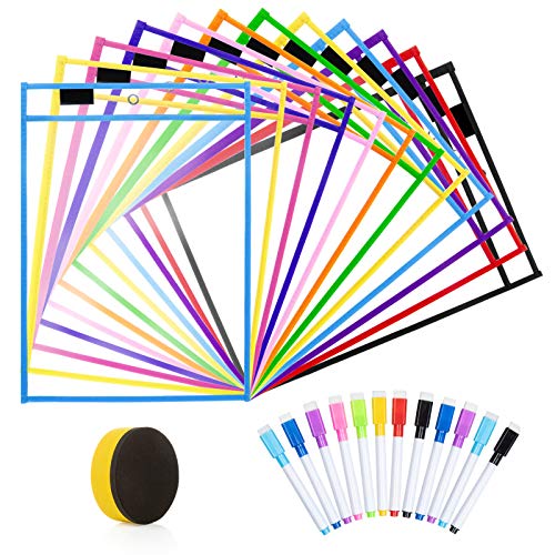 12 Pack Resuable Dry Erase Pockets, ZWOOS Reutilizable Escribir y Limpie los Bolsillos limpios, Bolsillos Transparentes con Bolígrafos para la Organización en el Aula y Colegio y Trabajo, 35.5×25.5cm