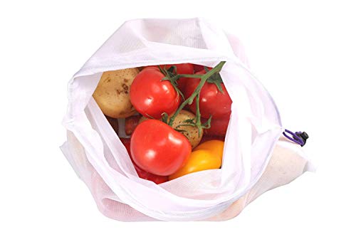 12 pcs Bolsa Reutilizable Compra para Almacenamiento Fruta Verduras Juguetes Lavable y Transpirable (Rouge Vert Bleu)