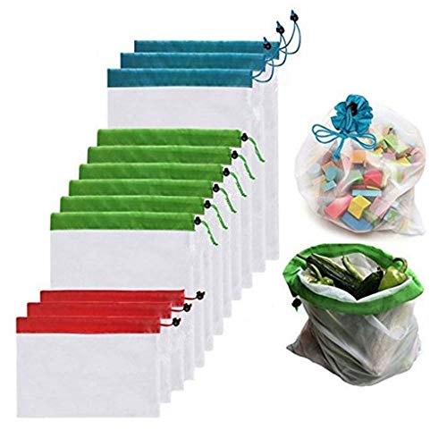 12 pcs Bolsa Reutilizable Compra para Almacenamiento Fruta Verduras Juguetes Lavable y Transpirable (Rouge Vert Bleu)