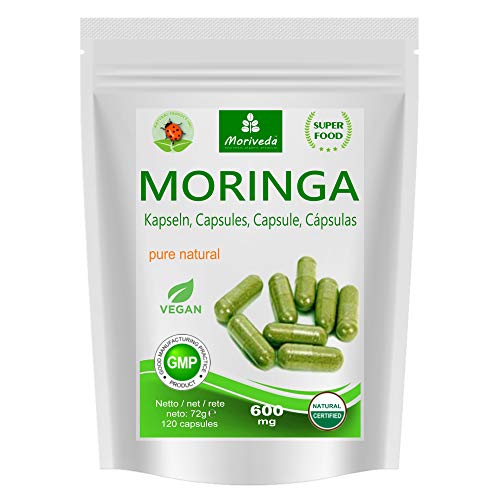 120 Moringa cápsulas 600mg o Moringa Energia Tabs 950mg - Oleifera, vegetariano, Producto de calidad de MoriVeda (1x120 cápsulas)