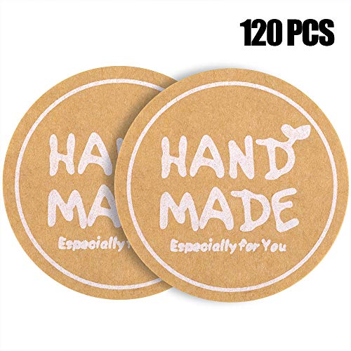 120 pcs Etiquetas Adhesivas Pegatinas Redondas Kraft con 'Handmade' impreso para Regalo de Bodas Bricolaje Hecho a Mano
