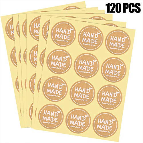 120 pcs Etiquetas Adhesivas Pegatinas Redondas Kraft con 'Handmade' impreso para Regalo de Bodas Bricolaje Hecho a Mano