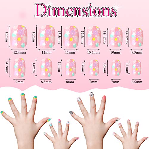 120 Uñas Postizas de Chicas Puntas de Uñas Artificiales de Presión Uñas Postizas Cortas de Cubierta Completo con Patrón de Gradiente Gato Pastel Arcoiris para Uñas Niñas, 5 Cajas (Dulce Niña)