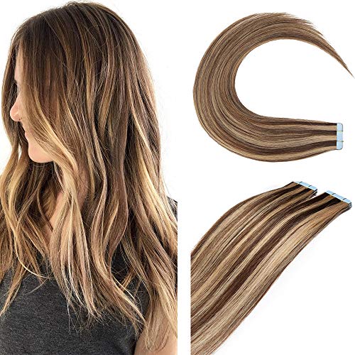 12"(30cm) SEGO Extensiones Adhesivas de Cabello Natural Sin Clip 2g*10pcs #4/27 Castaño Chocolate/Rubio Oscuro 100% Remy Pelo Humano Tape in Hair Extensions (20g)