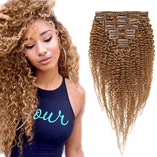 14"(35cm) SEGO Afro Kinky Curly Clip in Extensiones de Clip de Pelo Nautral [Double Weft] #27 Rubio Oscuro 8PCS Cabello Humano Brazilian Virgin Human Hair (105g)